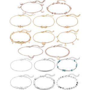 16Pcs Ankle Bracelets Women Girls Gold Silver Two Style Chain Beach Anklet